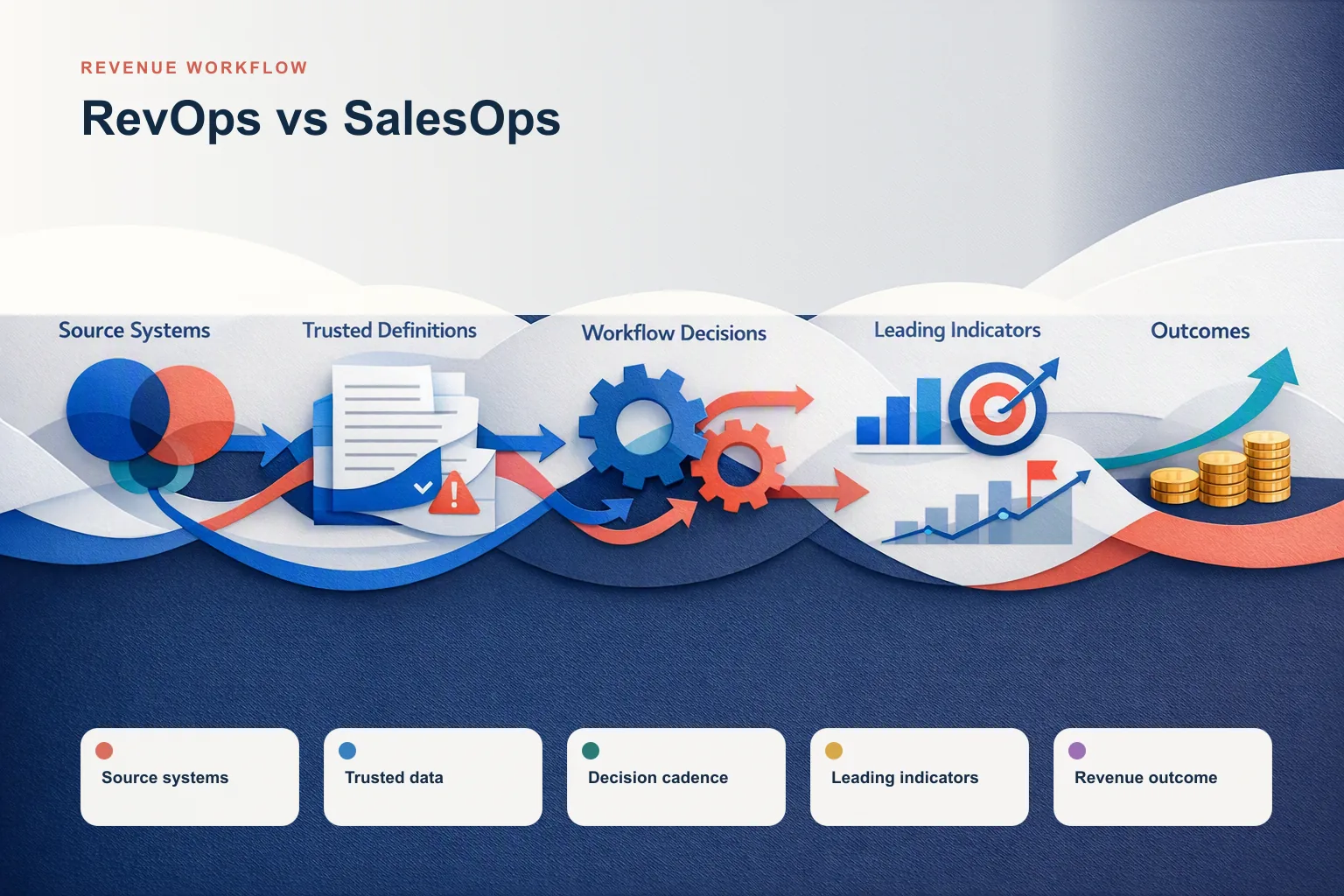 Infographic showing RevOps vs SalesOps: Source systems, Trusted data, Decision cadence, Leading indicators, and Revenue outcome connected as one revenue workflow.