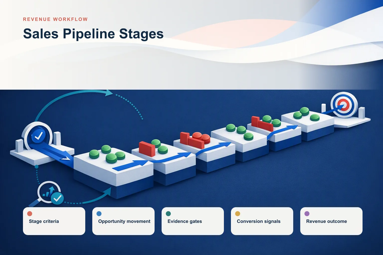 Infographic showing Sales Pipeline Stages: Stage criteria, Opportunity movement, Evidence gates, Conversion signals, and Revenue outcome connected as one revenue workflow.