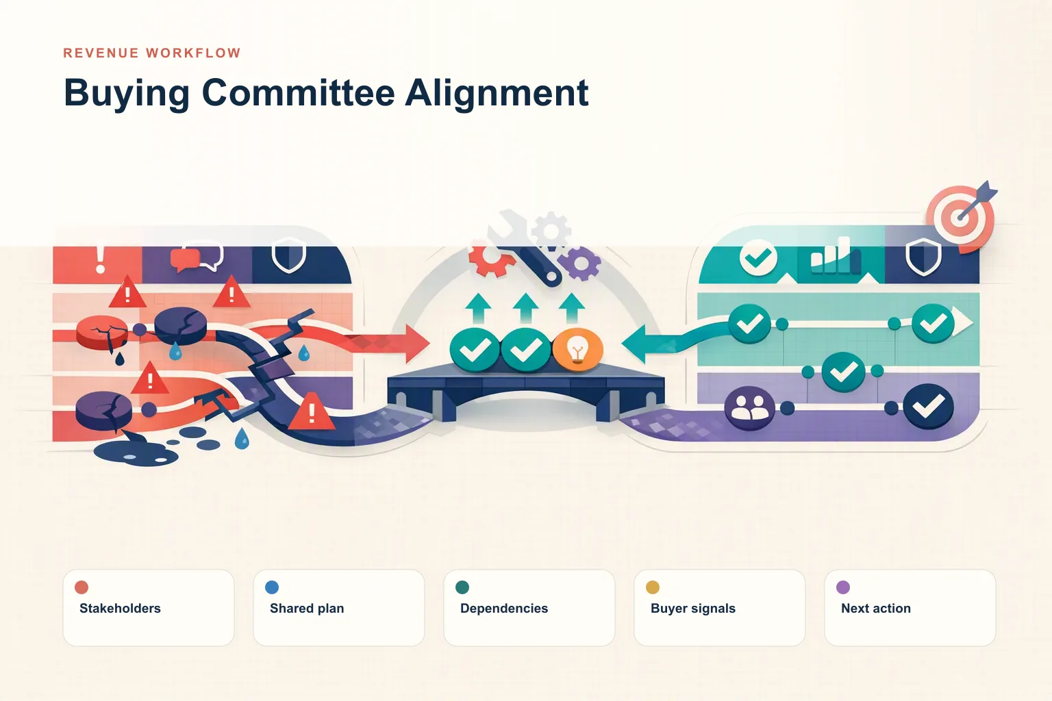 Infographic showing Buying Committee Alignment: Stakeholders, Shared plan, Dependencies, Buyer signals, and Next action connected as one revenue workflow.