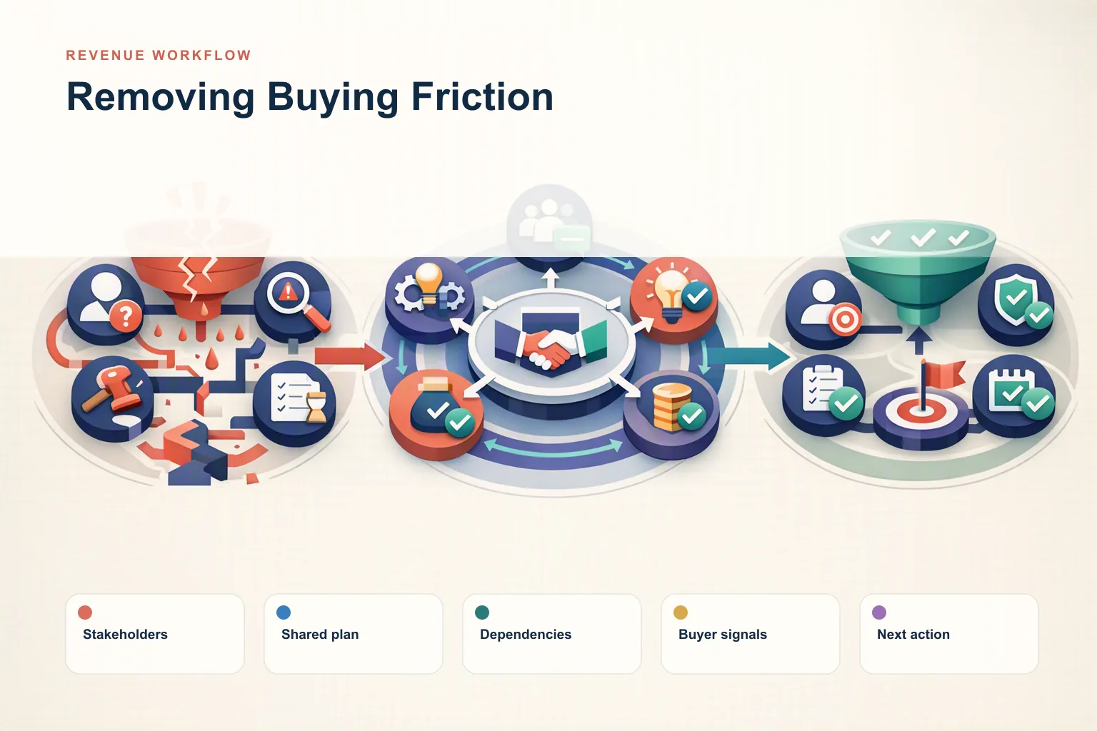 Infographic showing Removing Buying Friction: Stakeholders, Shared plan, Dependencies, Buyer signals, and Next action connected as one revenue workflow.