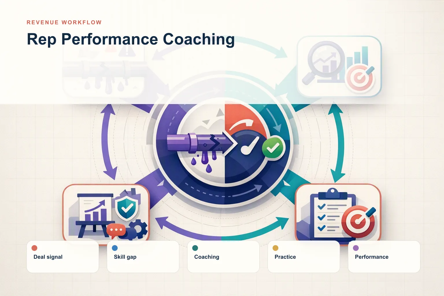 Infographic showing Rep Performance Coaching: Deal signal, Skill gap, Coaching, Practice, and Performance connected as one revenue workflow.