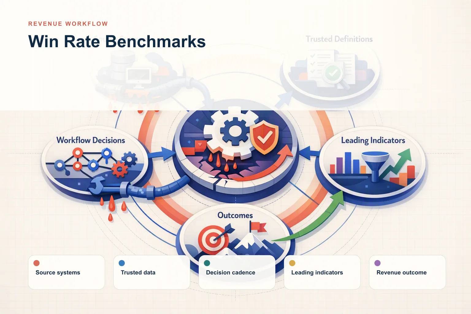 Infographic showing Win Rate Benchmarks: Source systems, Trusted data, Decision cadence, Leading indicators, and Revenue outcome connected as one revenue workflow.