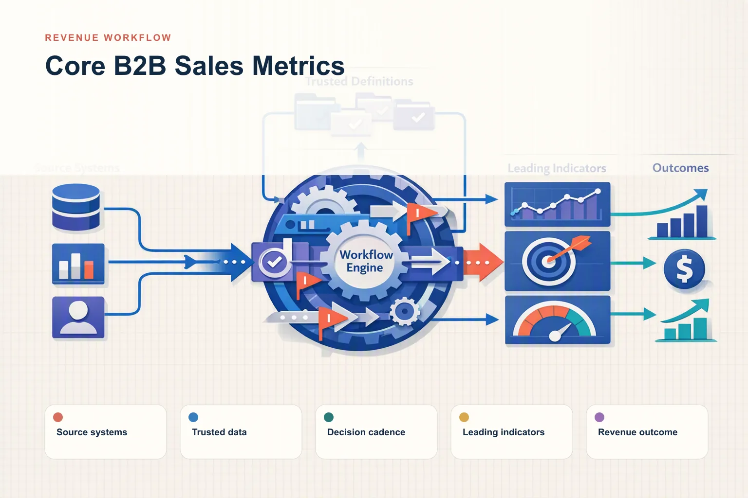 Infographic showing Core B2B Sales Metrics: Source systems, Trusted data, Decision cadence, Leading indicators, and Revenue outcome connected as one revenue workflow.