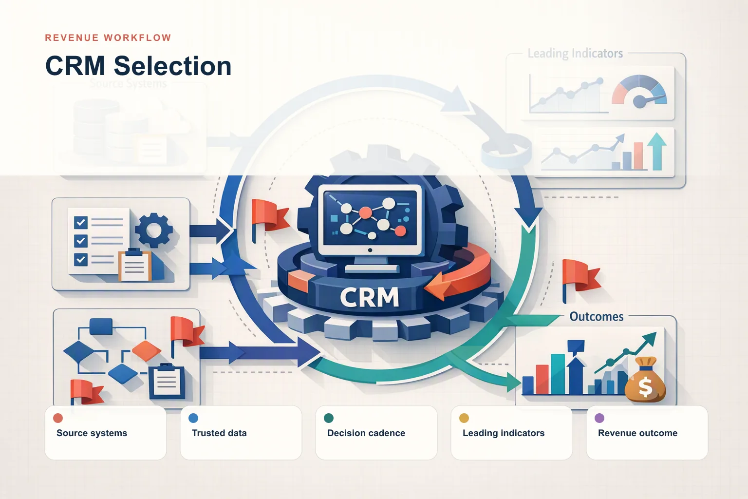 Infographic showing CRM Selection: Source systems, Trusted data, Decision cadence, Leading indicators, and Revenue outcome connected as one revenue workflow.