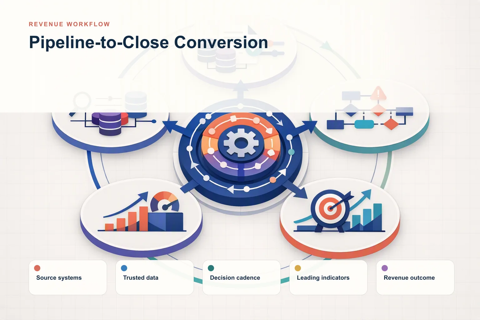Infographic showing Pipeline-to-Close Conversion: Source systems, Trusted data, Decision cadence, Leading indicators, and Revenue outcome connected as one revenue workflow.