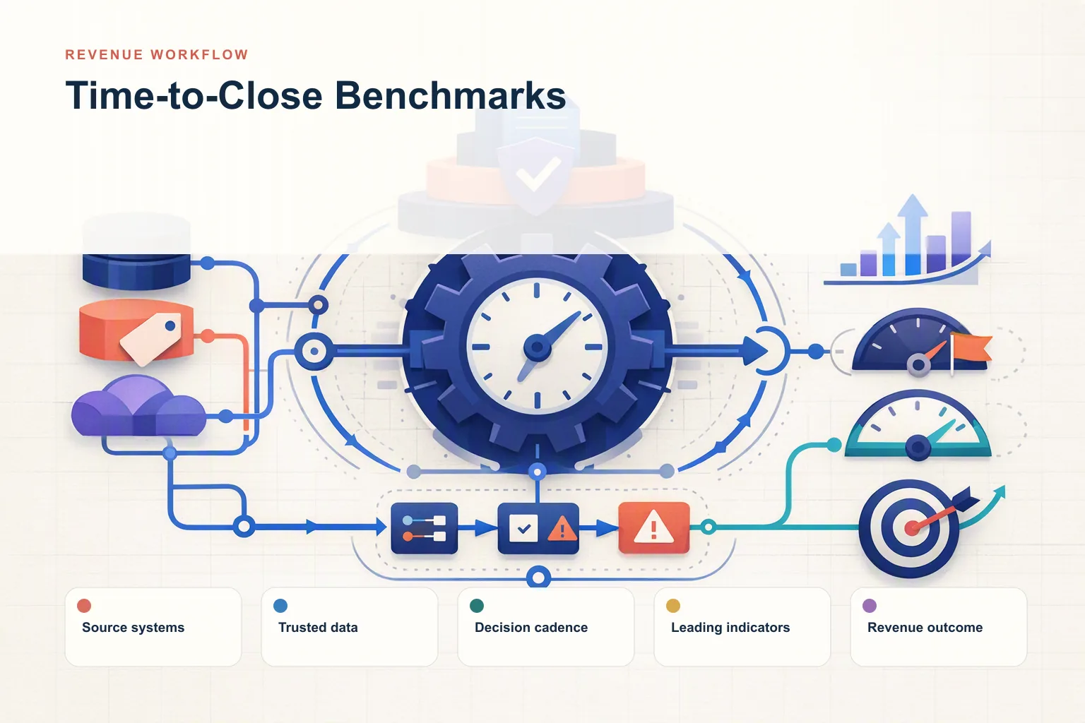 Infographic showing Time-to-Close Benchmarks: Source systems, Trusted data, Decision cadence, Leading indicators, and Revenue outcome connected as one revenue workflow.