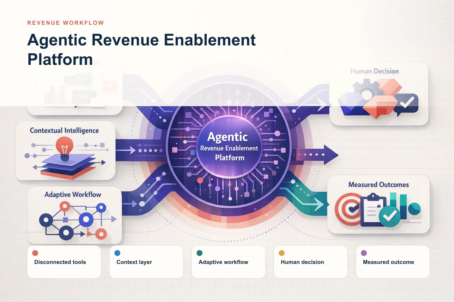 Infographic showing Agentic Revenue Enablement Platform: Disconnected tools, Context layer, Adaptive workflow, Human decision, and Measured outcome connected as one revenue workflow.