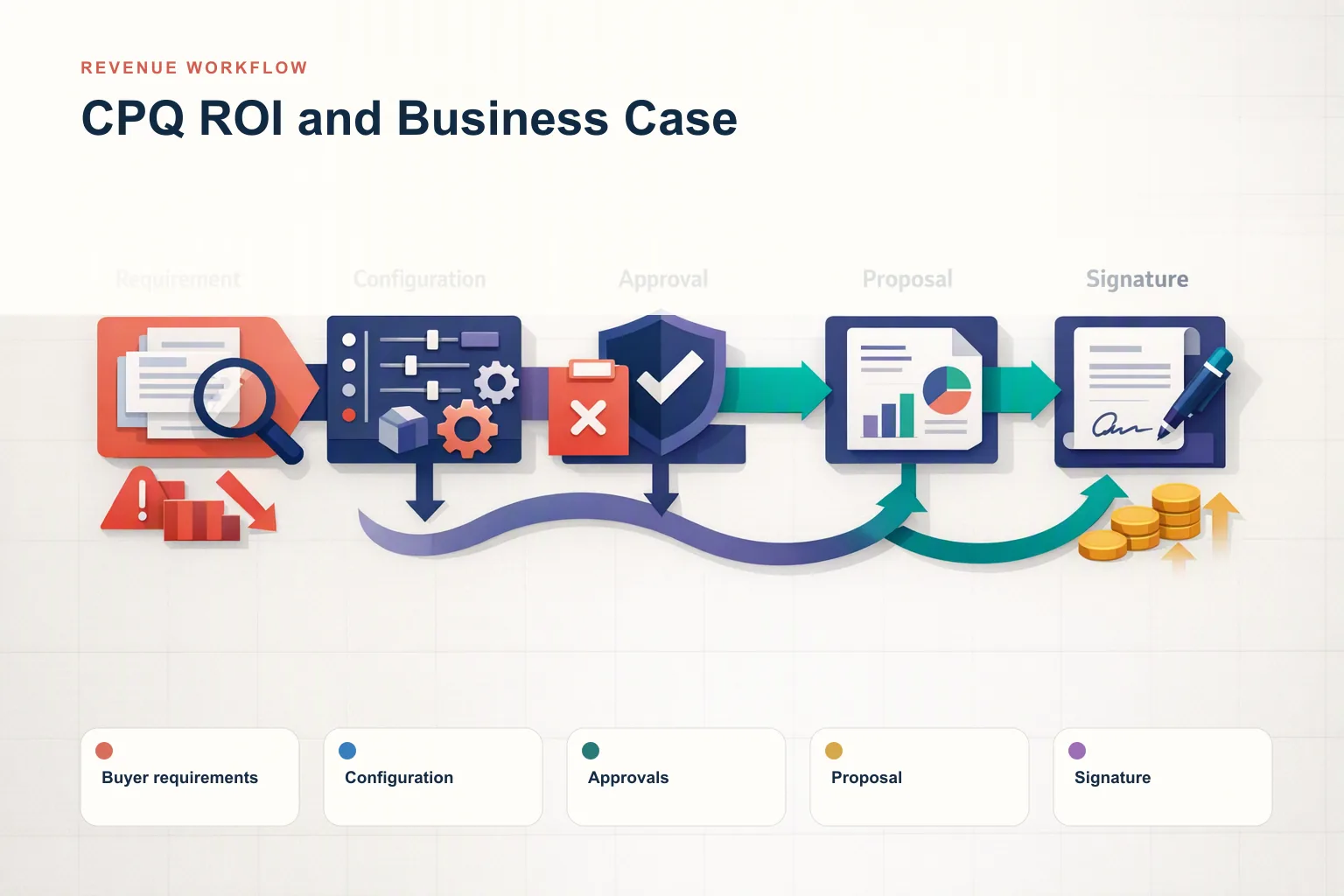 Infographic showing CPQ ROI and Business Case: Buyer requirements, Configuration, Approvals, Proposal, and Signature connected as one revenue workflow.