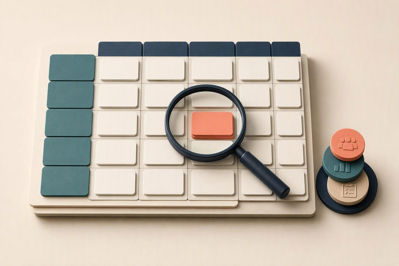 Sales training needs analysis shown as a skill-gap matrix with a magnifying glass and prioritized evidence markers