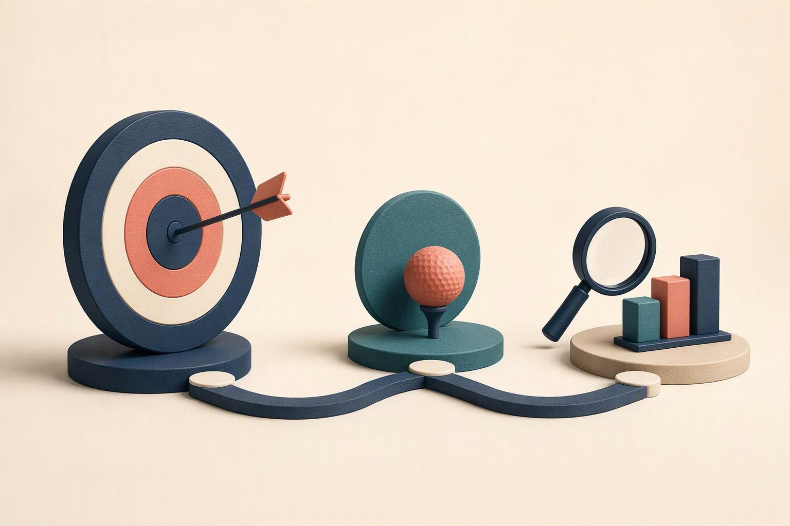 Sales training objectives represented by a target, practice task, and evidence marker connected in sequence