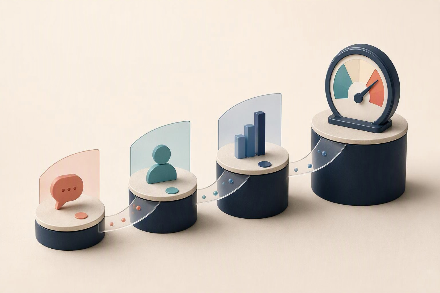 Sales training evaluation shown as four connected measurement levels ending in a bounded outcome gauge