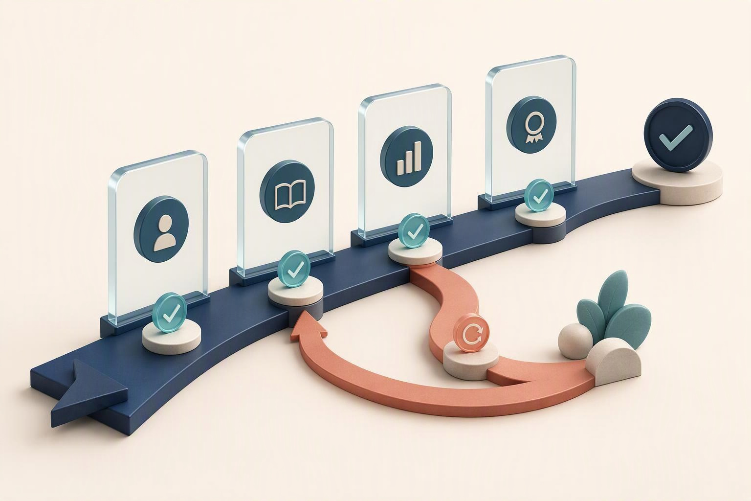 Sales onboarding assessment shown as evidence checkpoints, readiness gates, and a supportive remediation path