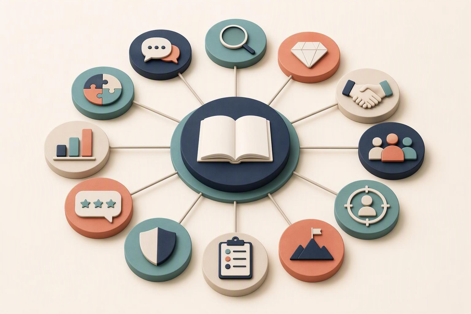 B2B sales training topics arranged as a connected map of practical skills, practice formats, and evidence standards