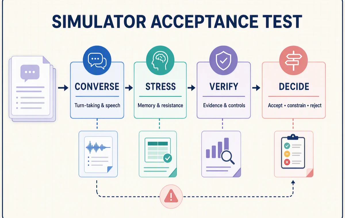 A synthetic call packet moving through six paired test stations and leaving a traceable evidence record at each stage.