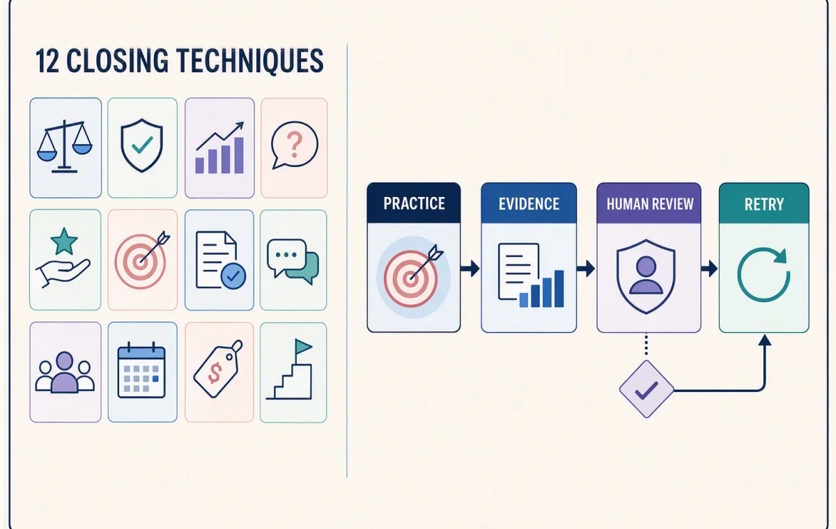 Twelve distinct conversation patterns feed into a practice, evidence review, human judgment, and retry loop.