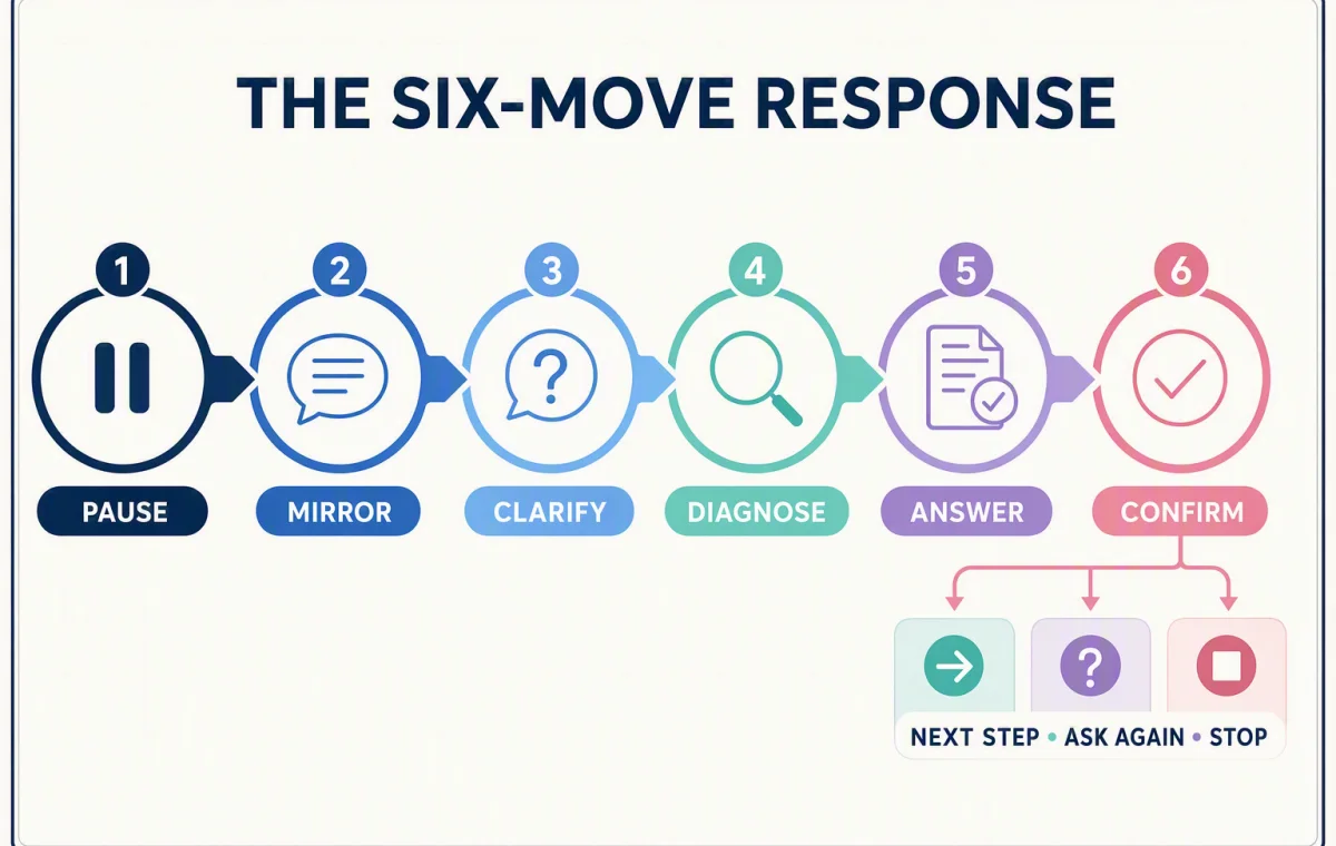 A six-move objection response path from pause and mirror through clarification, diagnosis, evidence, confirmation, and the next step.