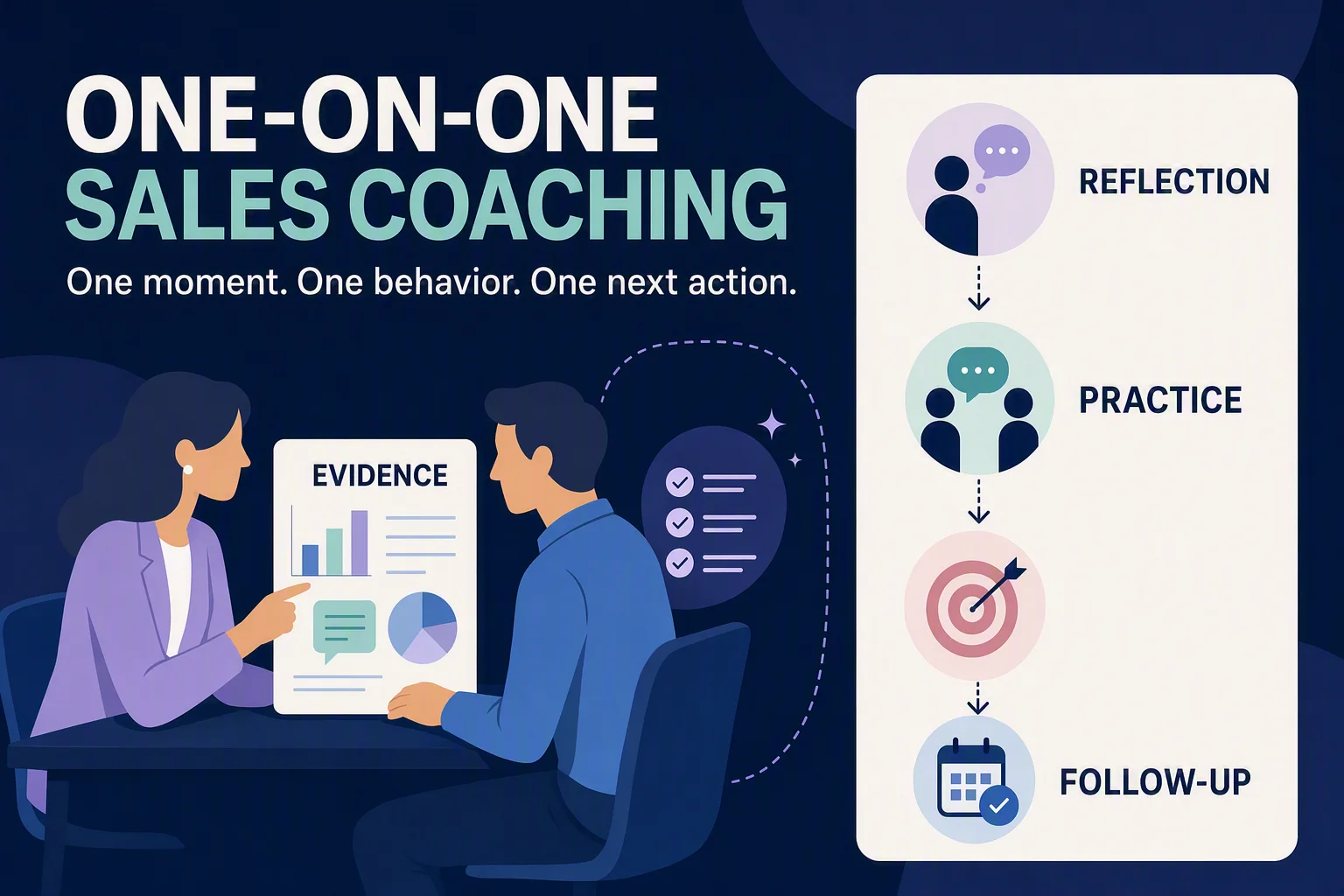 A manager and seller share an evidence-led coaching workspace while an AI assistant organizes source material beside their conversation.