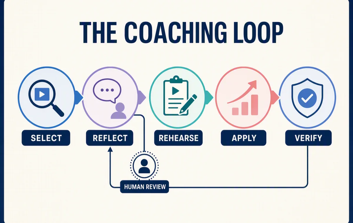 An evidence-to-action coaching flow moving from a selected sales moment through reflection, rehearsal, commitment, and later verification.