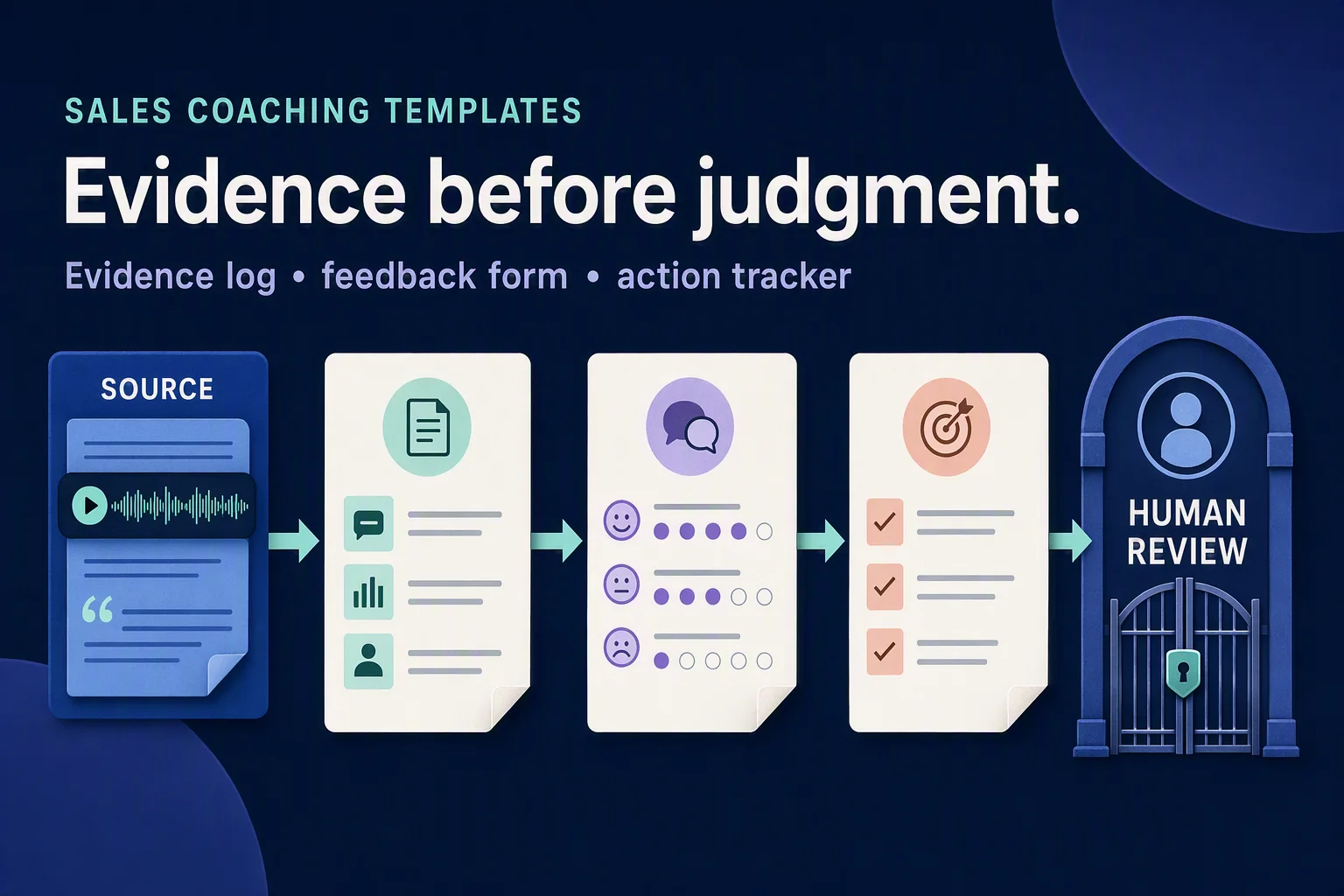 Four connected coaching artifacts preserving a source observation, specific feedback, one next action, and a human review decision.