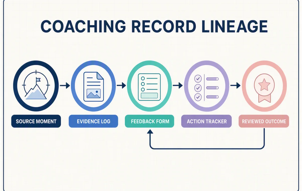 A horizontal record lineage linking a source moment, evidence entry, feedback form, action tracker, and reviewed outcome.