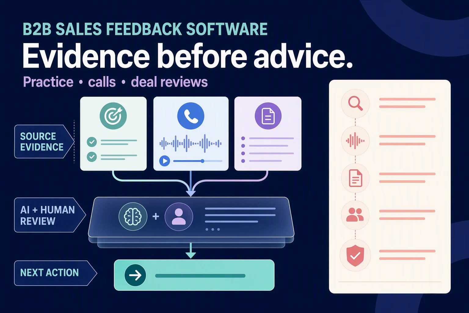 An evidence-led sales feedback loop connecting practice, calls, deal reviews, human judgment, and the seller's next action.