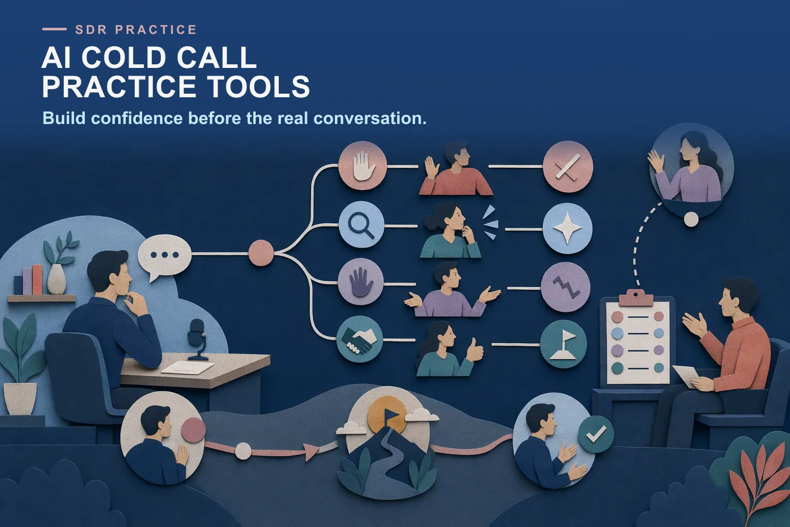 Editorial cold-call practice path showing realistic buyer reactions, scoring, coaching, and a repeat SDR practice sprint.