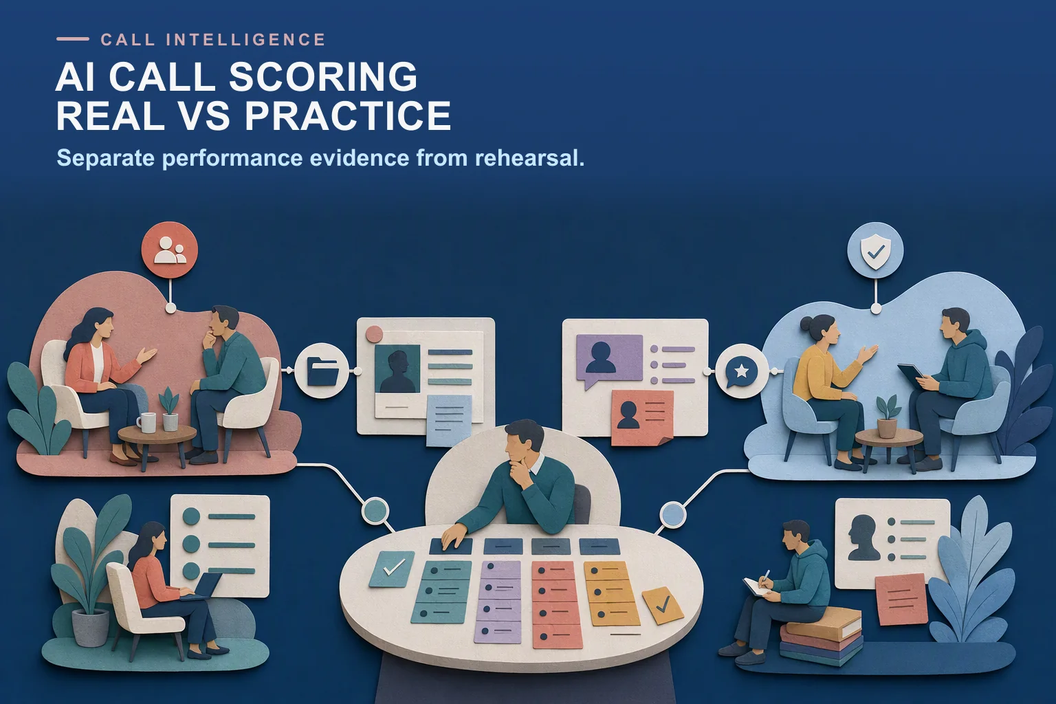 Editorial comparison of real recorded call scoring and practice-call scoring meeting at a manager calibration table.
