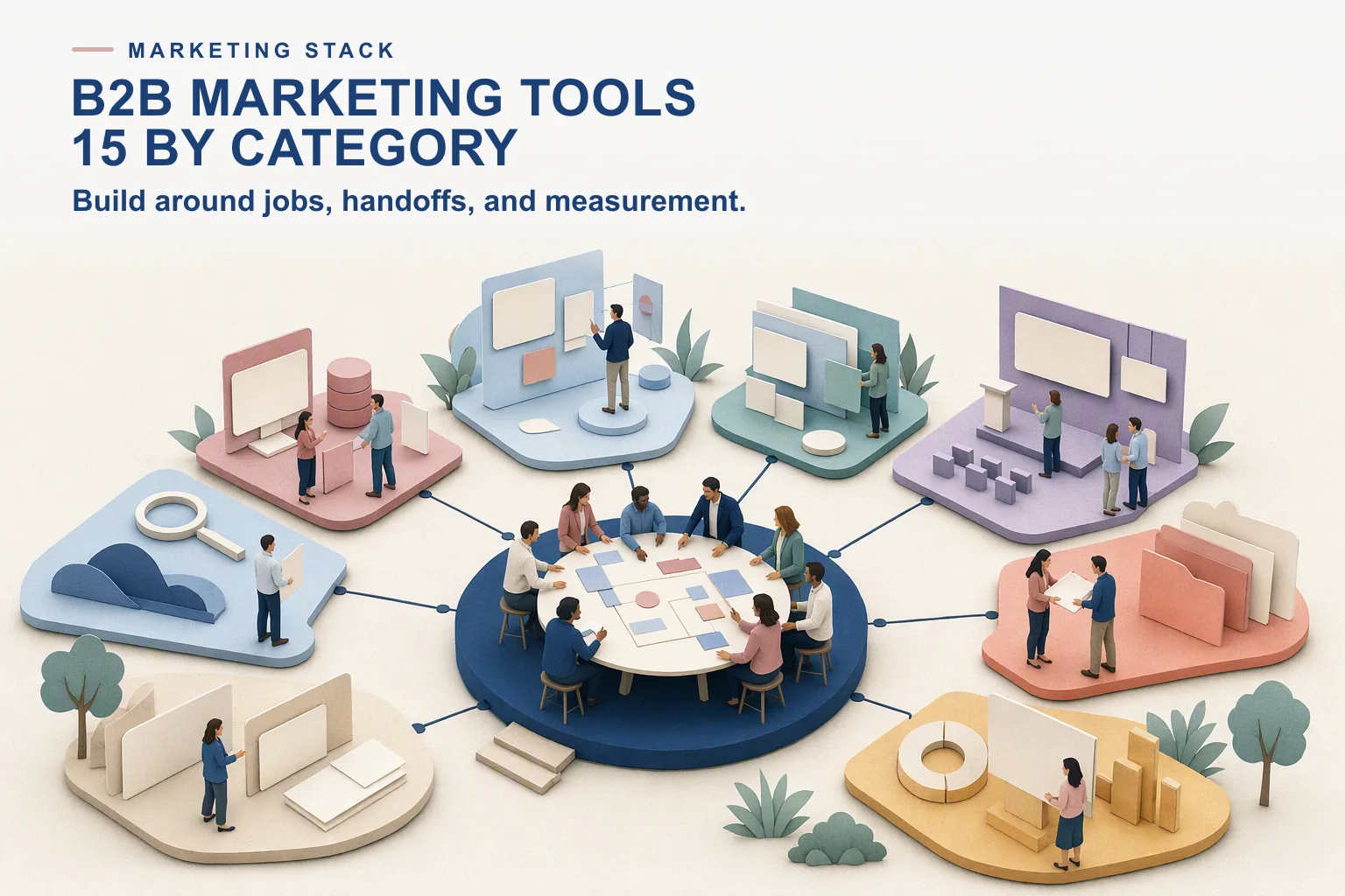 Editorial B2B marketing stack connecting automation, ABM data, content, webinars, search, sales handoff, and attribution around a buyer journey.