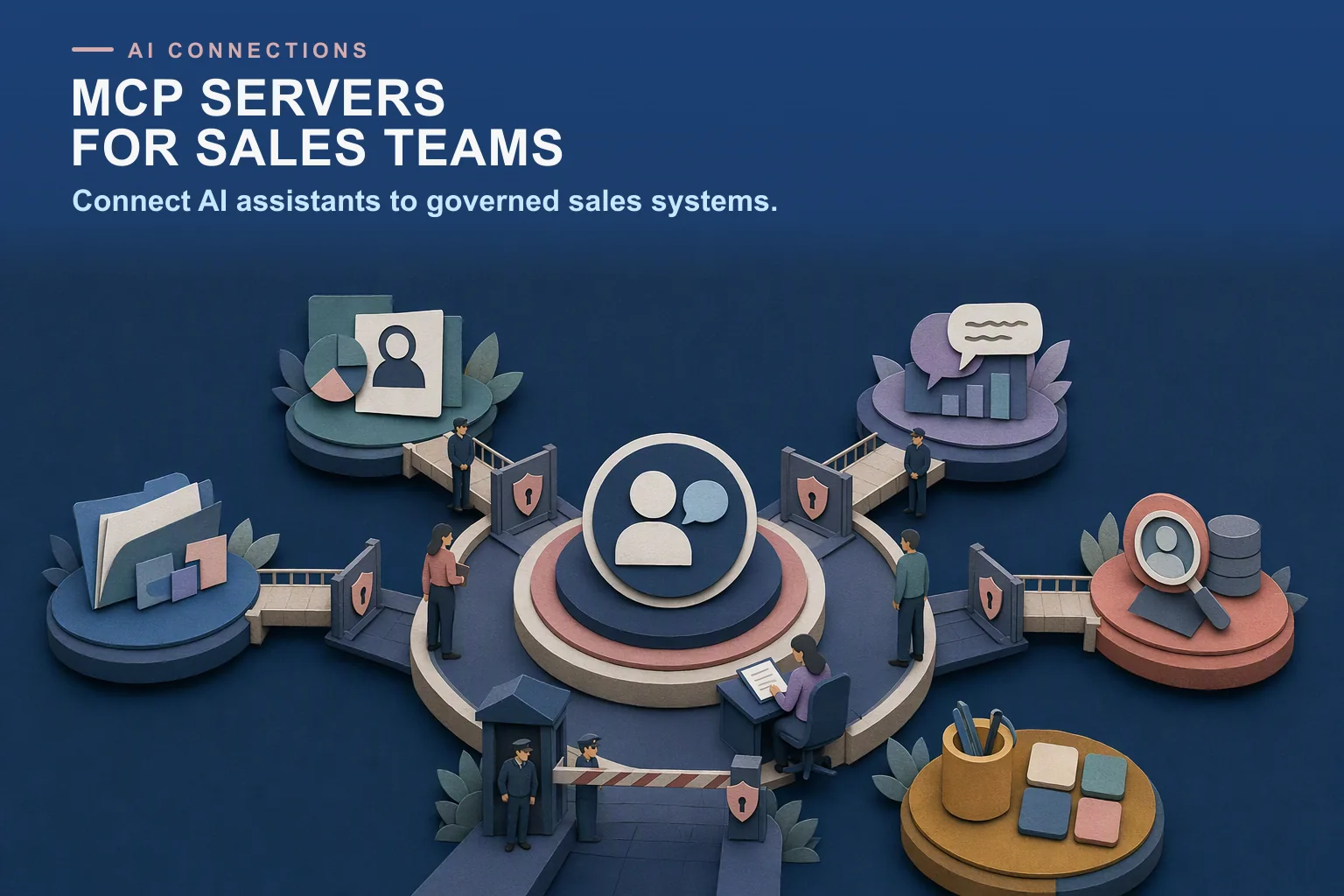 Editorial MCP network connecting an AI assistant through permission gates to CRM, call intelligence, enablement, prospecting, and workspace systems.