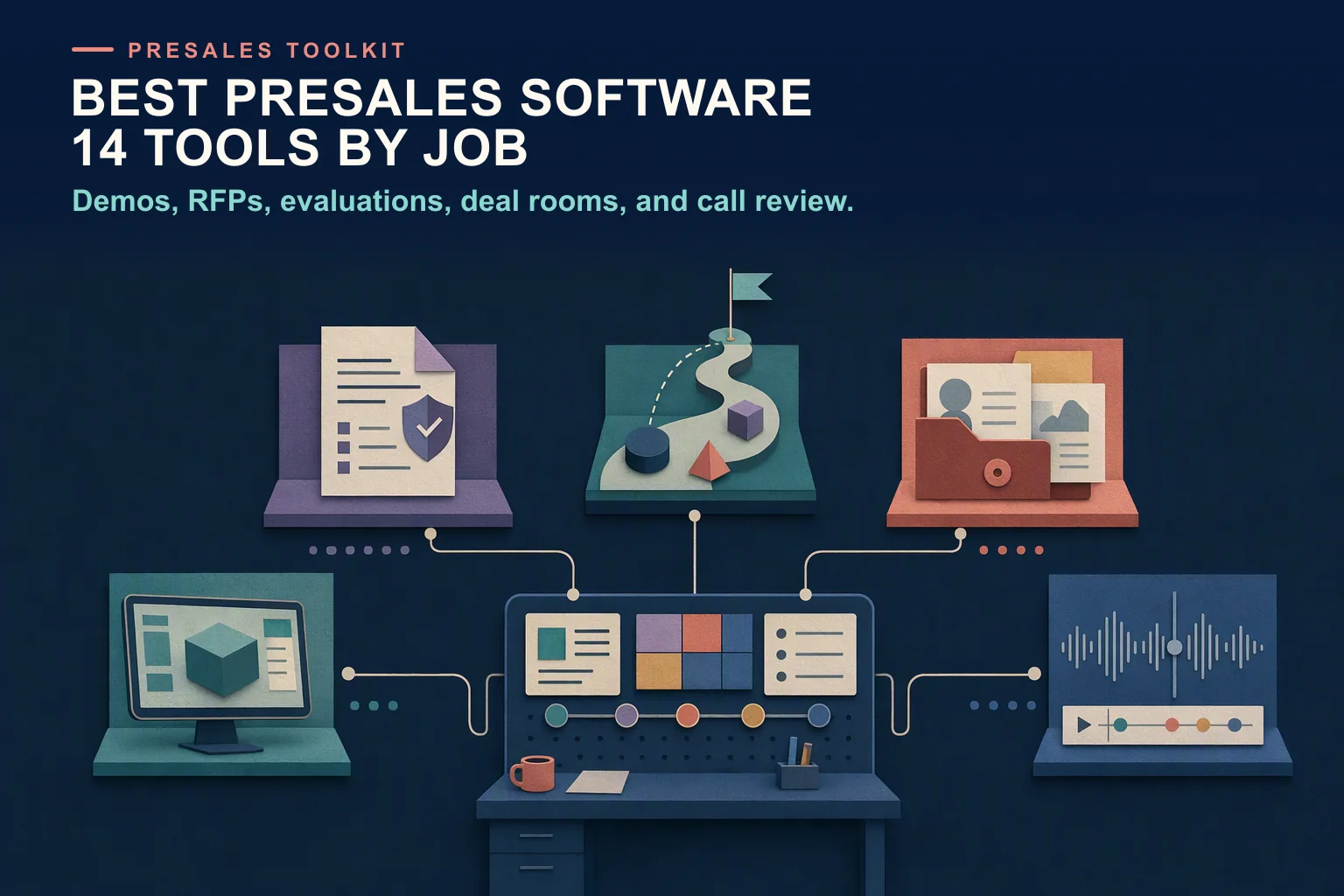 Editorial toolkit grouping presales software into demos, RFP response, proof-of-concept evaluation, deal rooms, and technical call review.