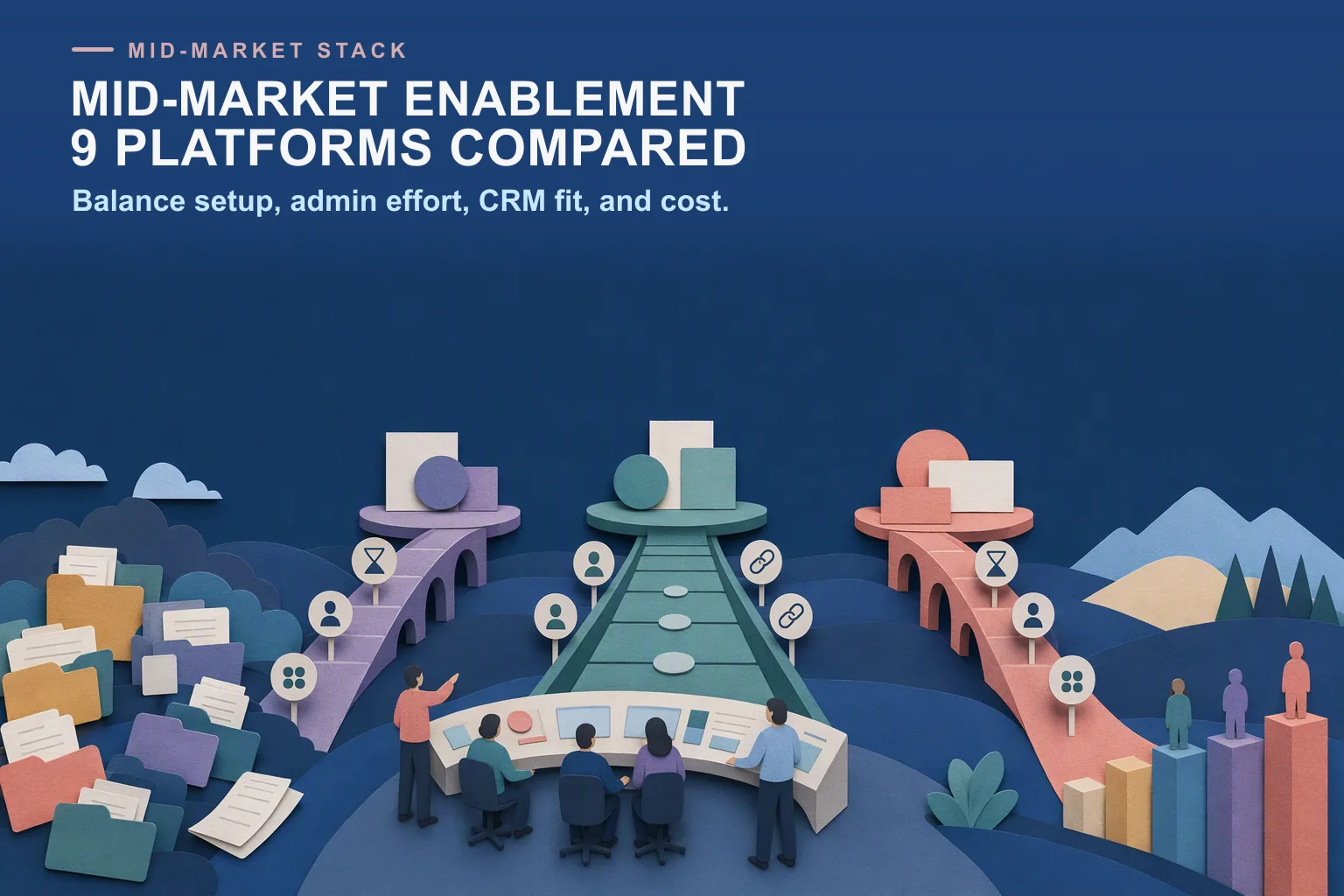 Editorial mid-market enablement landscape showing a lean team choosing platform bridges by setup speed, admin effort, CRM fit, and scalable capacity.