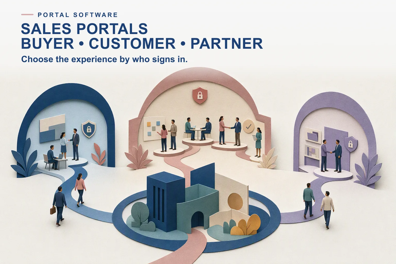 Editorial portal campus with distinct spaces for buyers, customers, and partners connected to one governed revenue system.