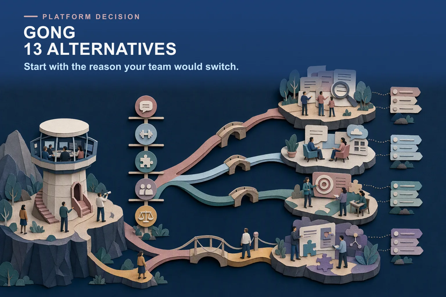 Editorial conversation-intelligence decision landscape with routes for lower cost, engagement, practice, and broader enablement.