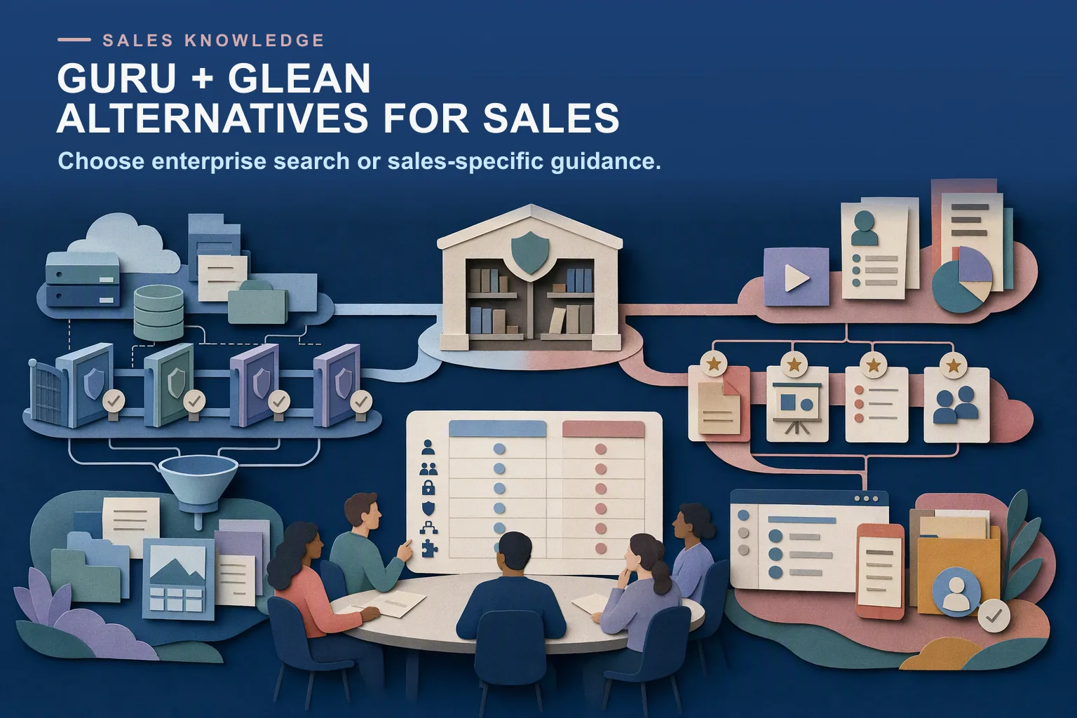 Editorial knowledge landscape comparing broad enterprise search with governed sales-specific content and workflow guidance.
