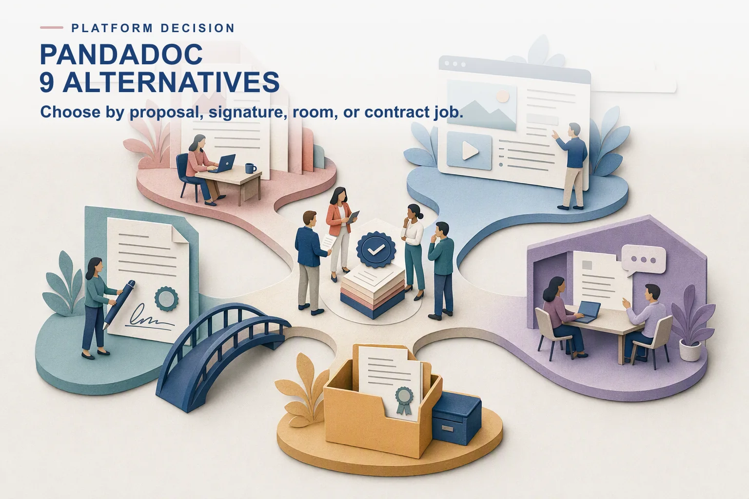 Editorial crossroads comparing proposal authoring, interactive proposals, e-signature, deal rooms, and contract management.