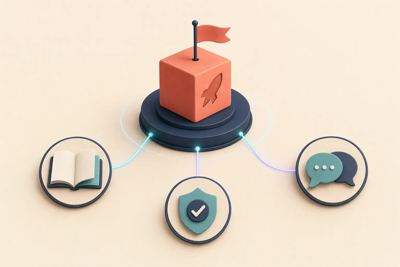 A product launch platform connected to playbook, practice, and certification icons, illustrating sales launch readiness