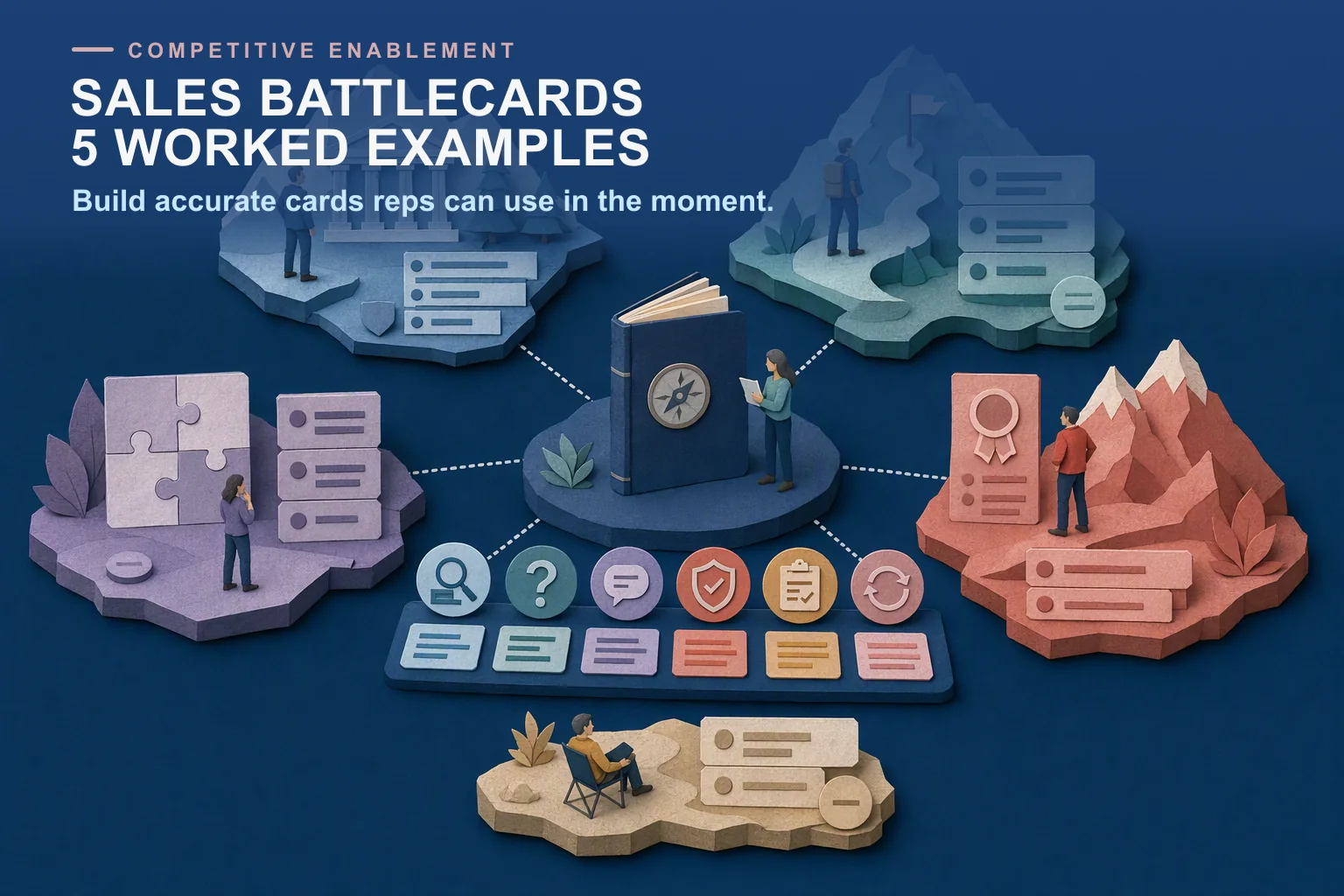 Editorial competitive landscape showing five battlecard formats, evidence sources, discovery guidance, proof, and claim review.