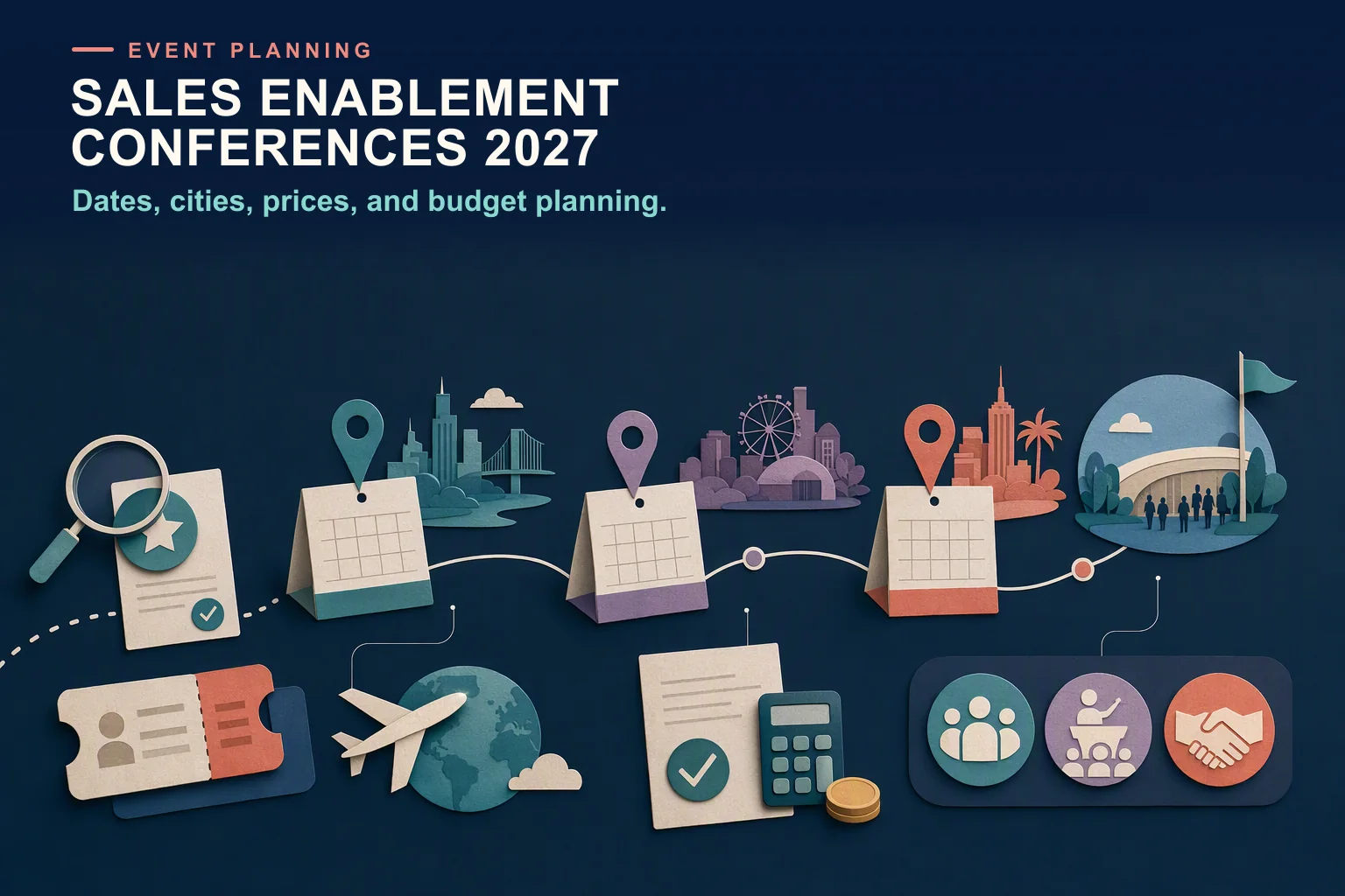Editorial illustration of a 2027 conference-planning route connecting calendar cards, city markers, travel, tickets, and budget approval.