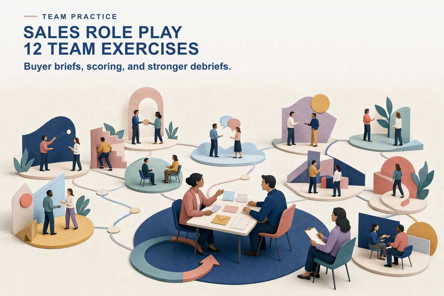 Editorial practice landscape showing a sales team using buyer briefs, hidden facts, scoring, observation, and repeat role-play drills.