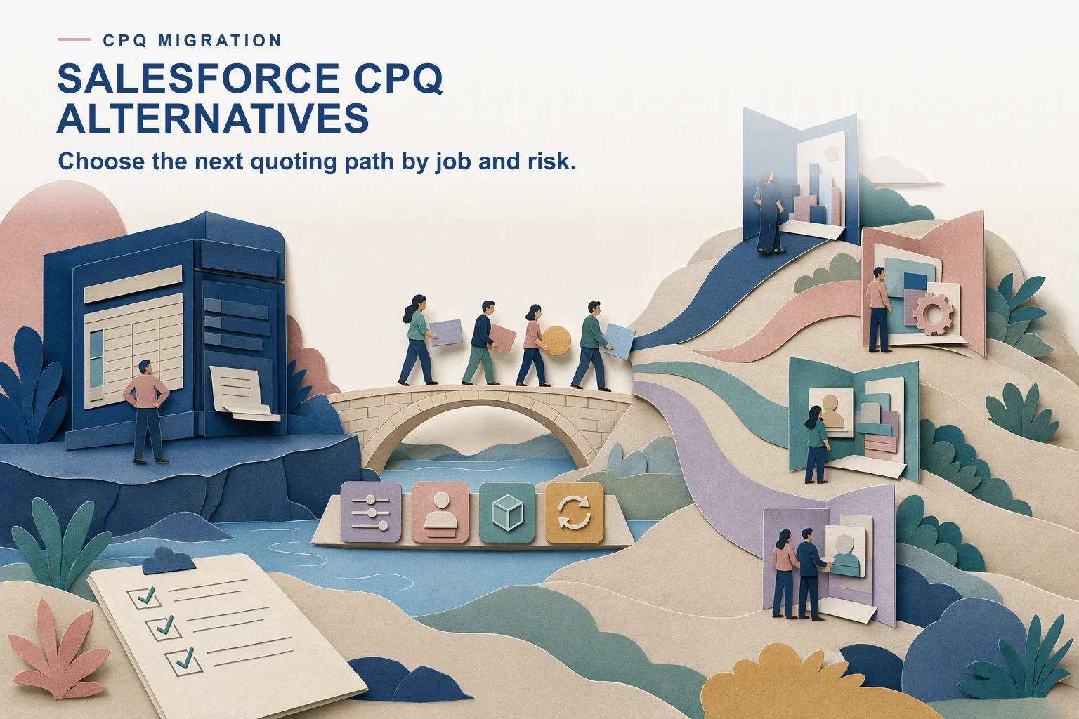 Editorial CPQ migration landscape with four alternative paths, a careful bridge, quoting rules, approvals, and continuity checks.